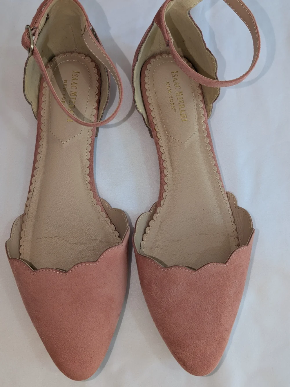 Isaac Mizrahi Dusty Pink Scalloped Suede Ankle-Strap Flats